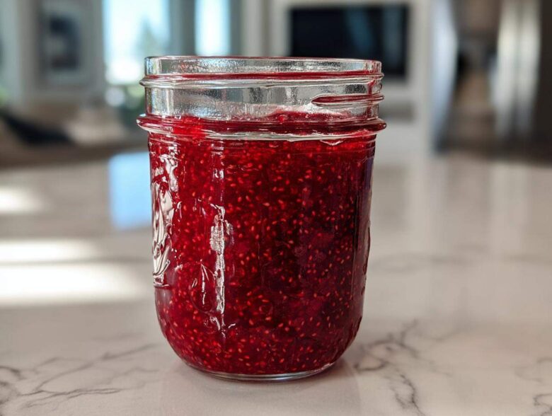 A full mason jar filled with vibrant, deep red homemade raspberry jam, showcasing many visible seeds.