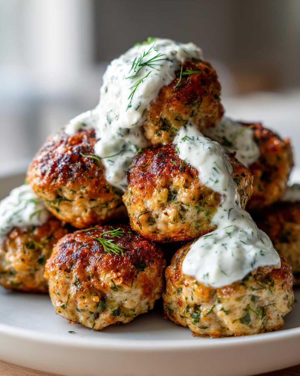 A stack of golden brown greek chicken meatballs topped with creamy dill sauce.