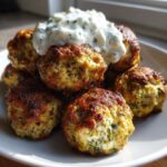 A stack of golden brown greek chicken meatballs topped with a dollop of creamy tzatziki sauce.