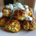 A stack of golden brown greek chicken meatballs topped with creamy tzatziki sauce and fresh dill.