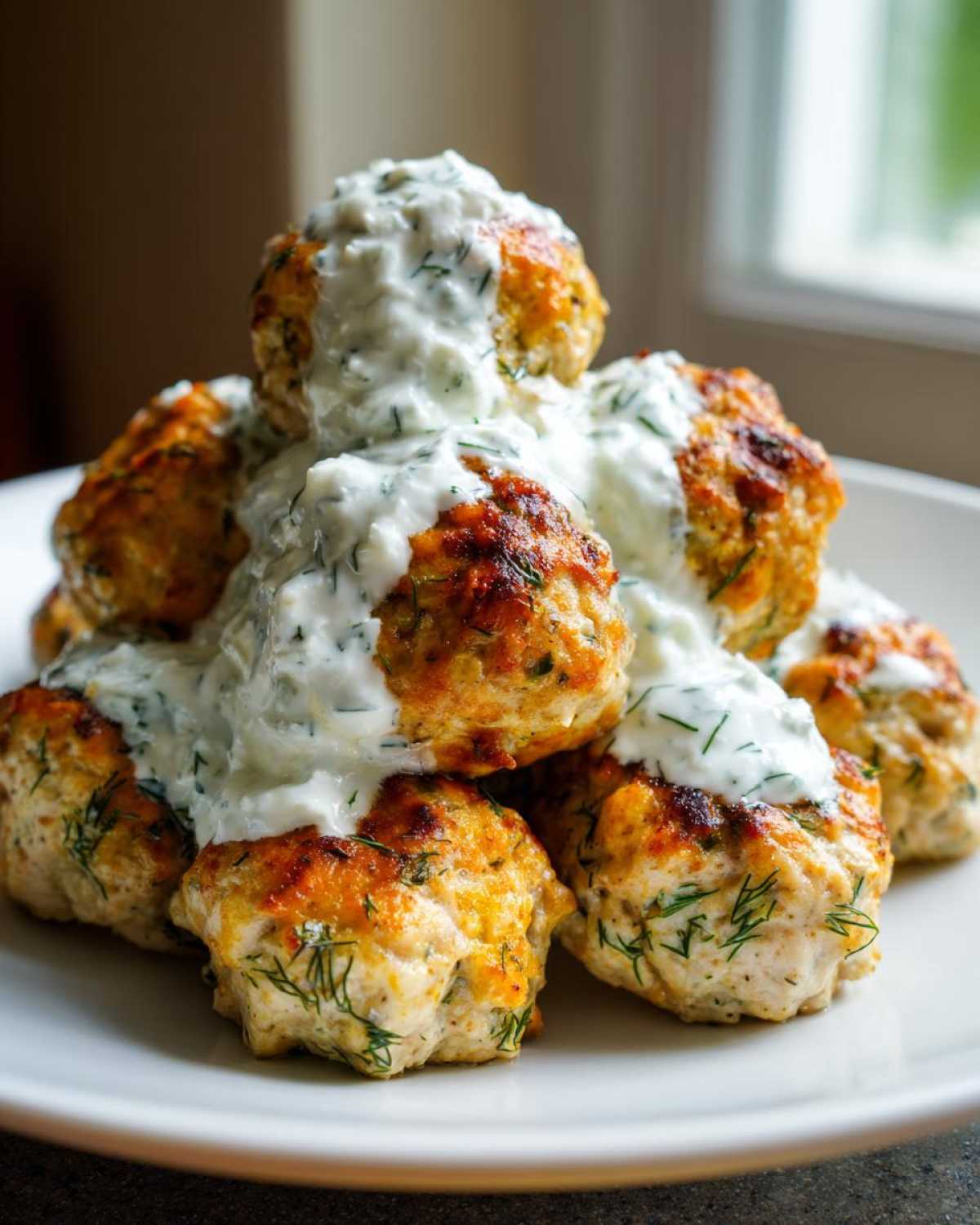 A stack of golden-brown greek chicken meatballs generously topped with creamy, dill-flecked tzatziki sauce.