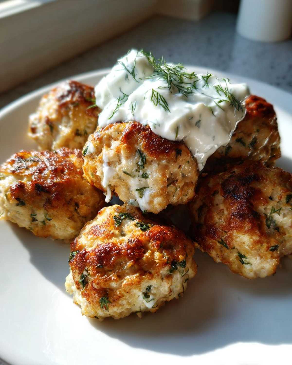 Close-up of golden brown greek chicken meatballs topped with creamy tzatziki sauce and fresh dill.
