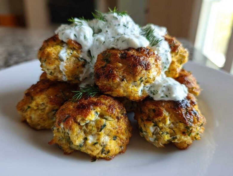 A stack of golden brown greek chicken meatballs topped with creamy tzatziki sauce and fresh dill.