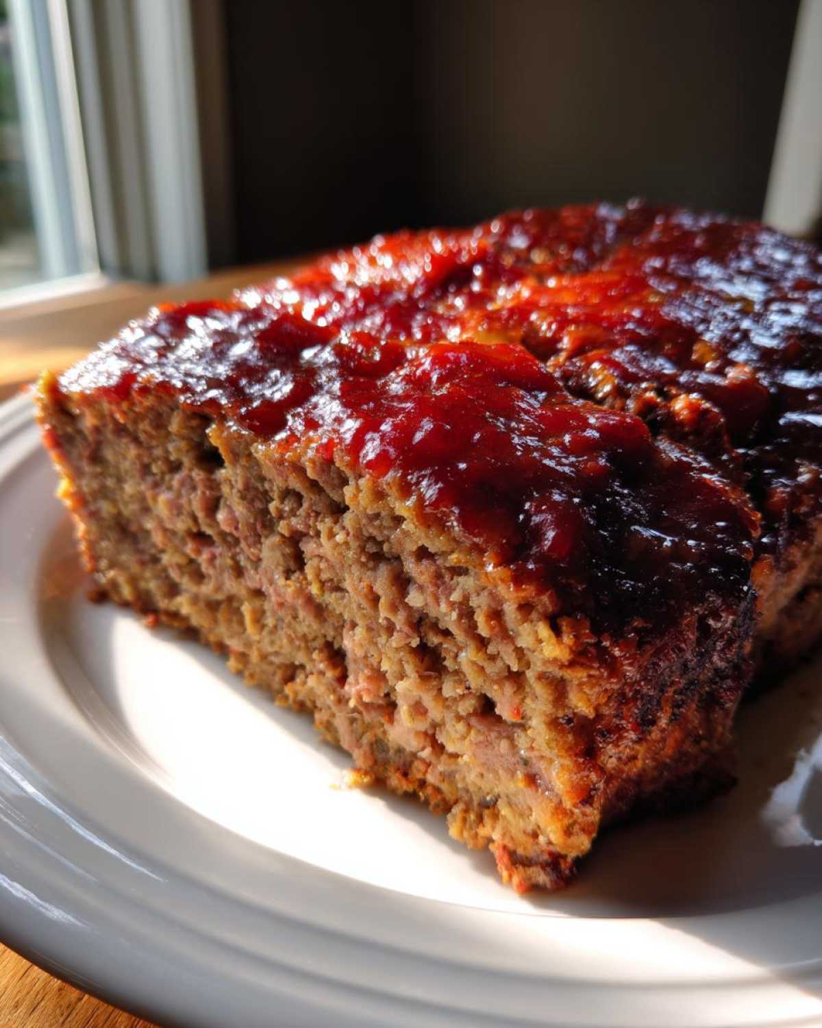 A thick slice of juicy Keto meatloaf topped with a shiny, dark red glaze, served on a white plate.