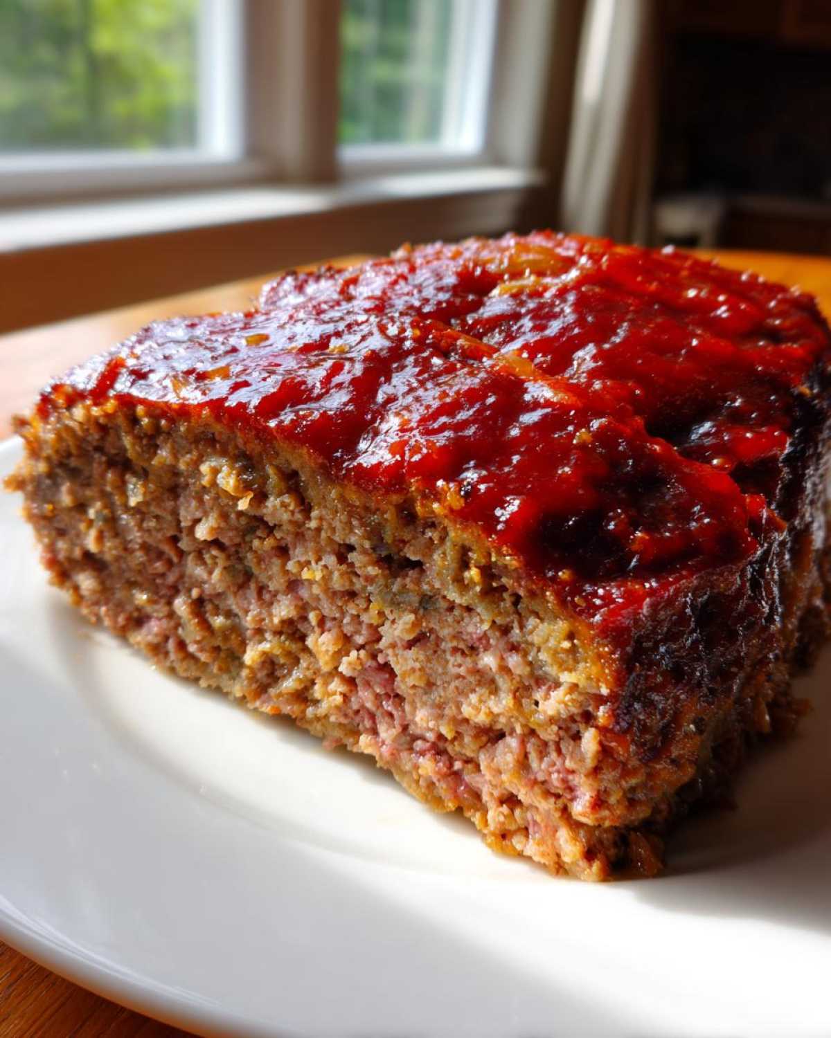 Close-up of a thick slice of juicy Keto meatloaf topped with a glossy, red glaze.