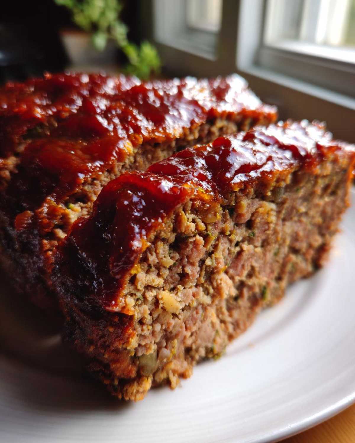 Close-up of two thick slices of juicy Keto meatloaf topped with a shiny, dark red glaze on a white plate.