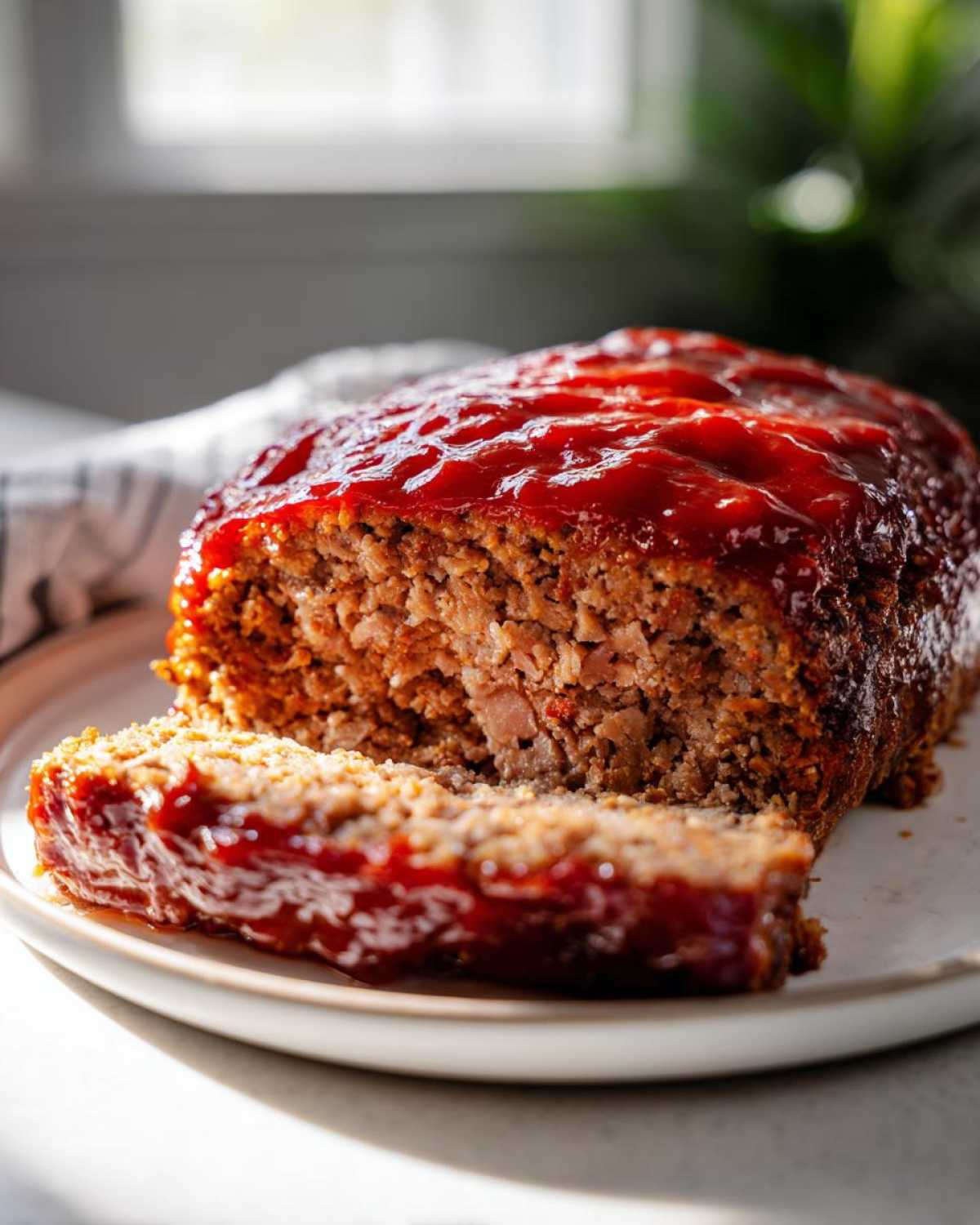 A close-up of a juicy meatloaf topped with a thick, glossy ketchup glaze, with one slice partially cut on a light plate.