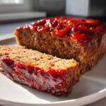 Close-up of a juicy meatloaf, with one slice cut and resting against the main loaf, both covered in a shiny red glaze.