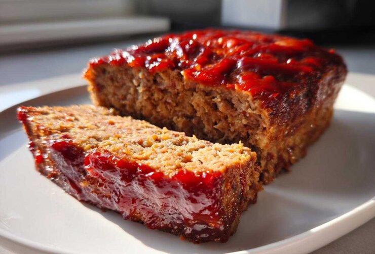 Close-up of a juicy meatloaf, with one slice cut and resting against the main loaf, both covered in a shiny red glaze.