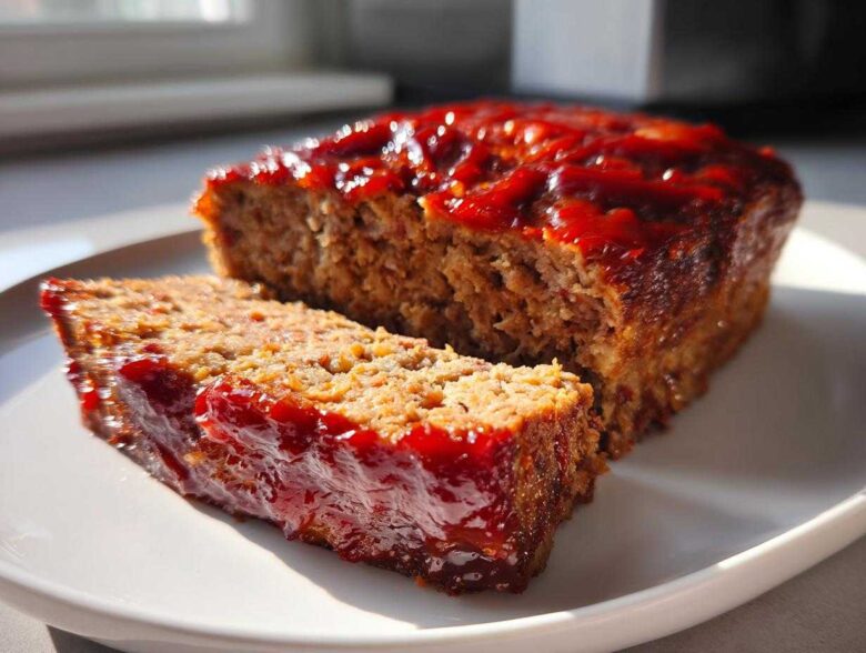 Close-up of a juicy meatloaf, with one slice cut and resting against the main loaf, both covered in a shiny red glaze.