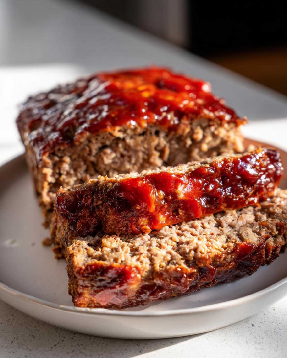 Close-up of sliced, juicy meatloaf topped with a thick, glossy red glaze, ready to eat.