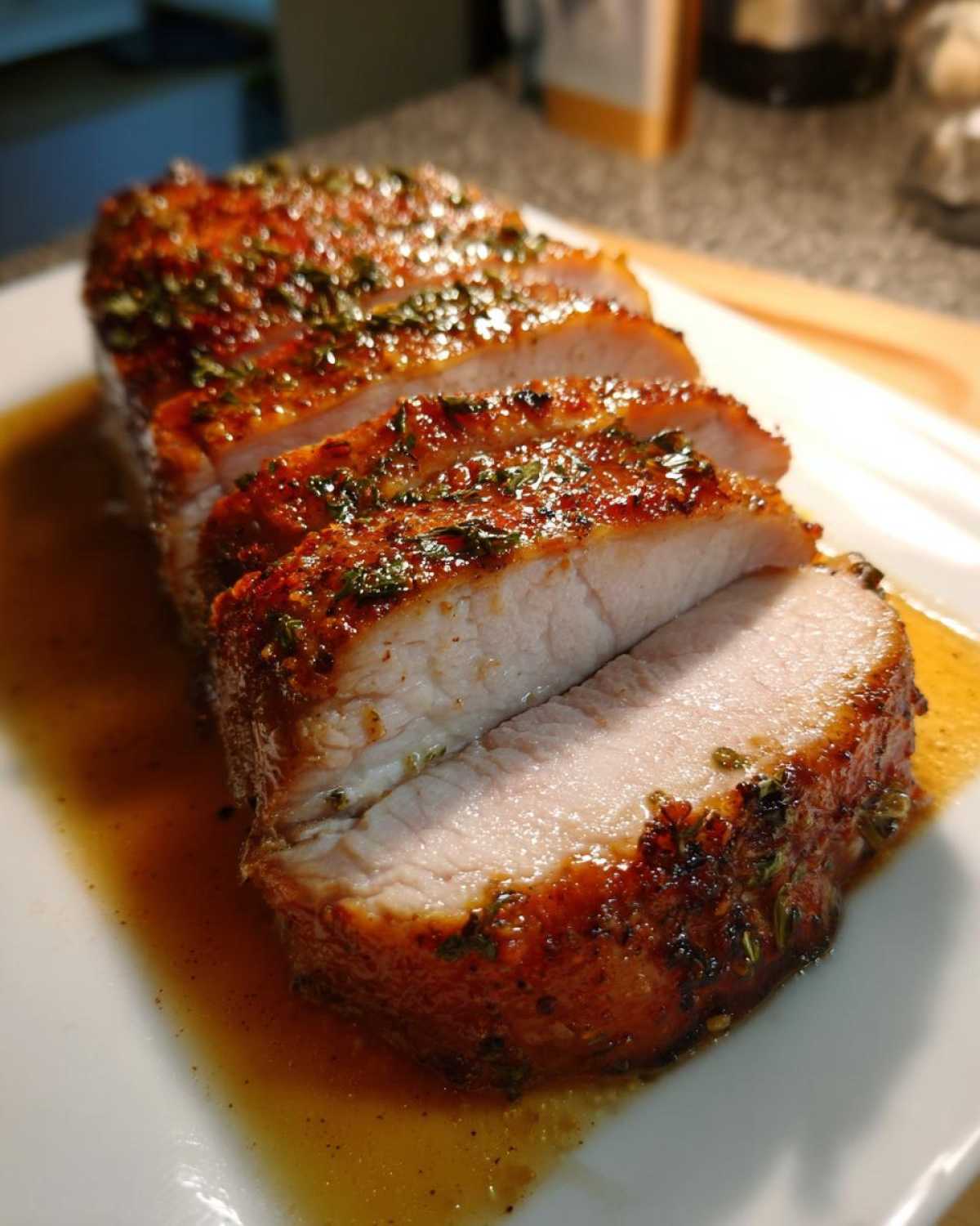 Close-up of a perfectly cooked, sliced pork loin roast showing a juicy interior and a glistening herb crust.