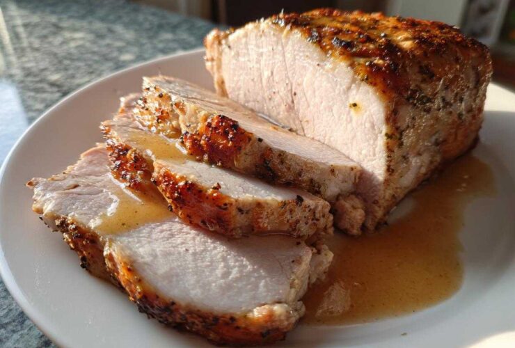 Close-up of a juicy pork loin roast, partially sliced, resting in its own pan juices on a white plate.