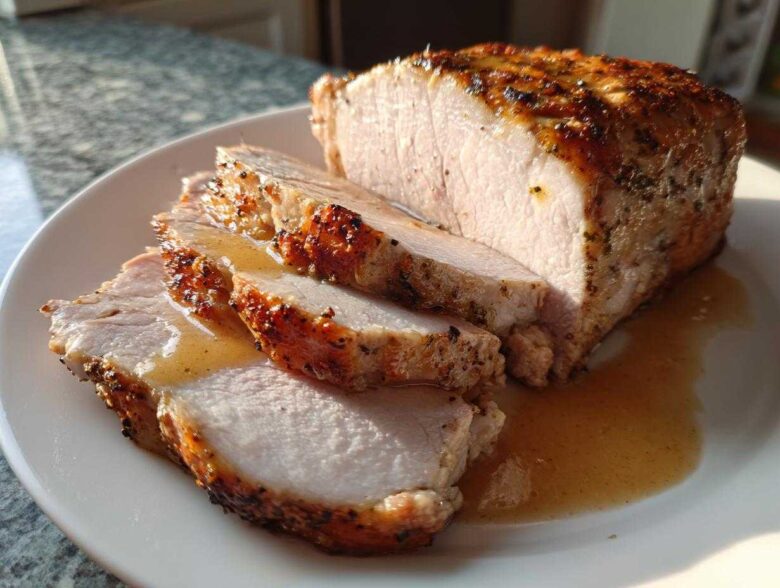 Close-up of a juicy pork loin roast, partially sliced, resting in its own pan juices on a white plate.