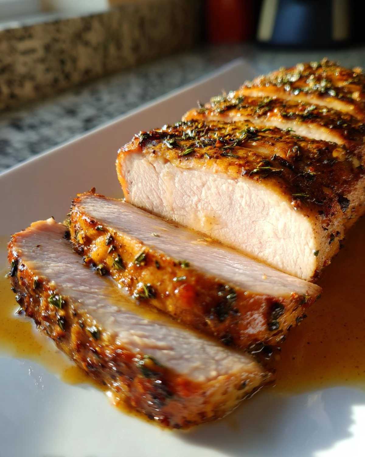 Close-up of a perfectly cooked pork loin roast, sliced to show the juicy interior and herb crust.