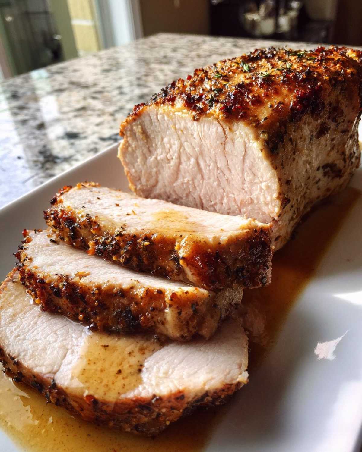 Close-up of a perfectly cooked pork loin roast, sliced to show juicy interior and seasoned crust.