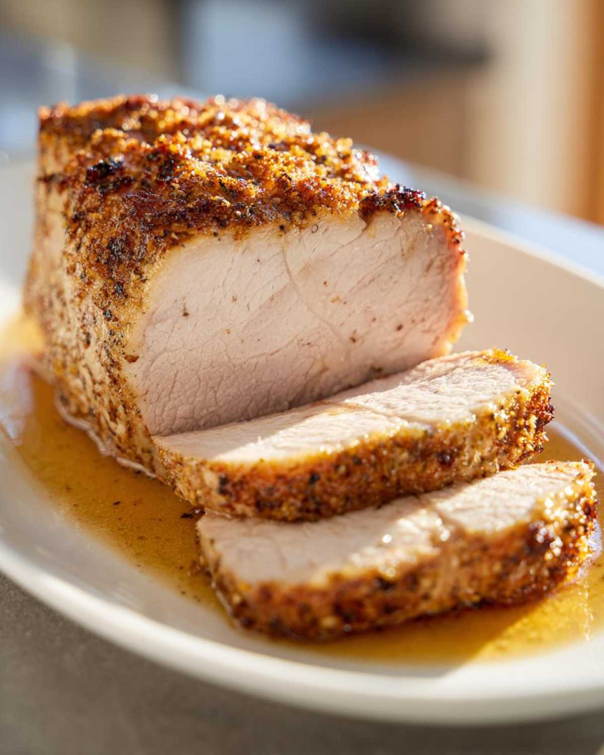 A perfectly cooked and sliced pork loin roast with a golden, seasoned crust resting in its juices on a white platter.