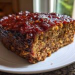 Close-up of a thick slice of moist Keto meatloaf topped with a shiny, dark red glaze, served on a white plate.