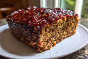 Close-up of a thick slice of moist Keto meatloaf topped with a shiny, dark red glaze, served on a white plate.