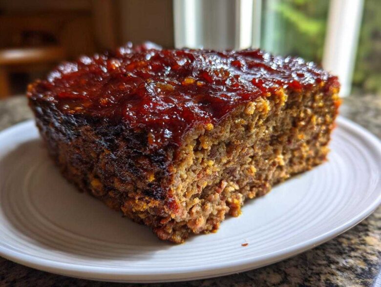Close-up of a thick slice of moist Keto meatloaf topped with a shiny, dark red glaze, served on a white plate.