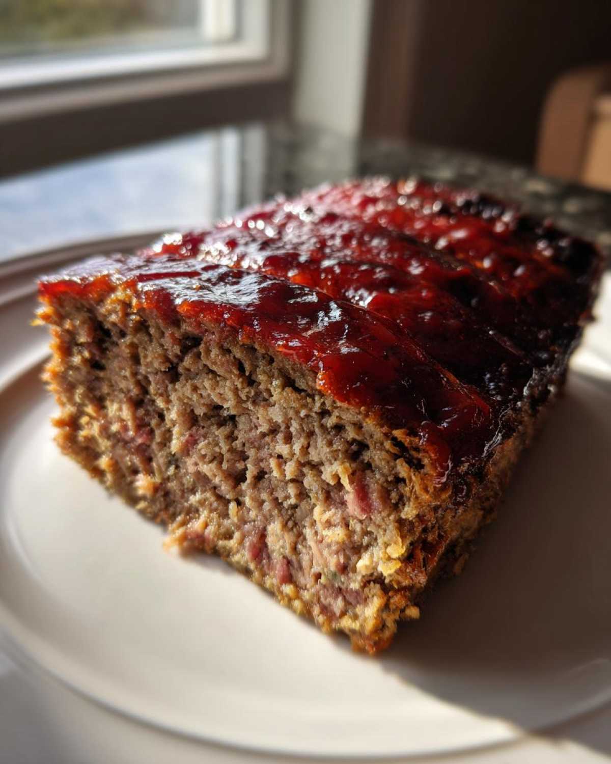 A thick slice of juicy Keto meatloaf topped with a shiny, dark red glaze, resting on a white plate.