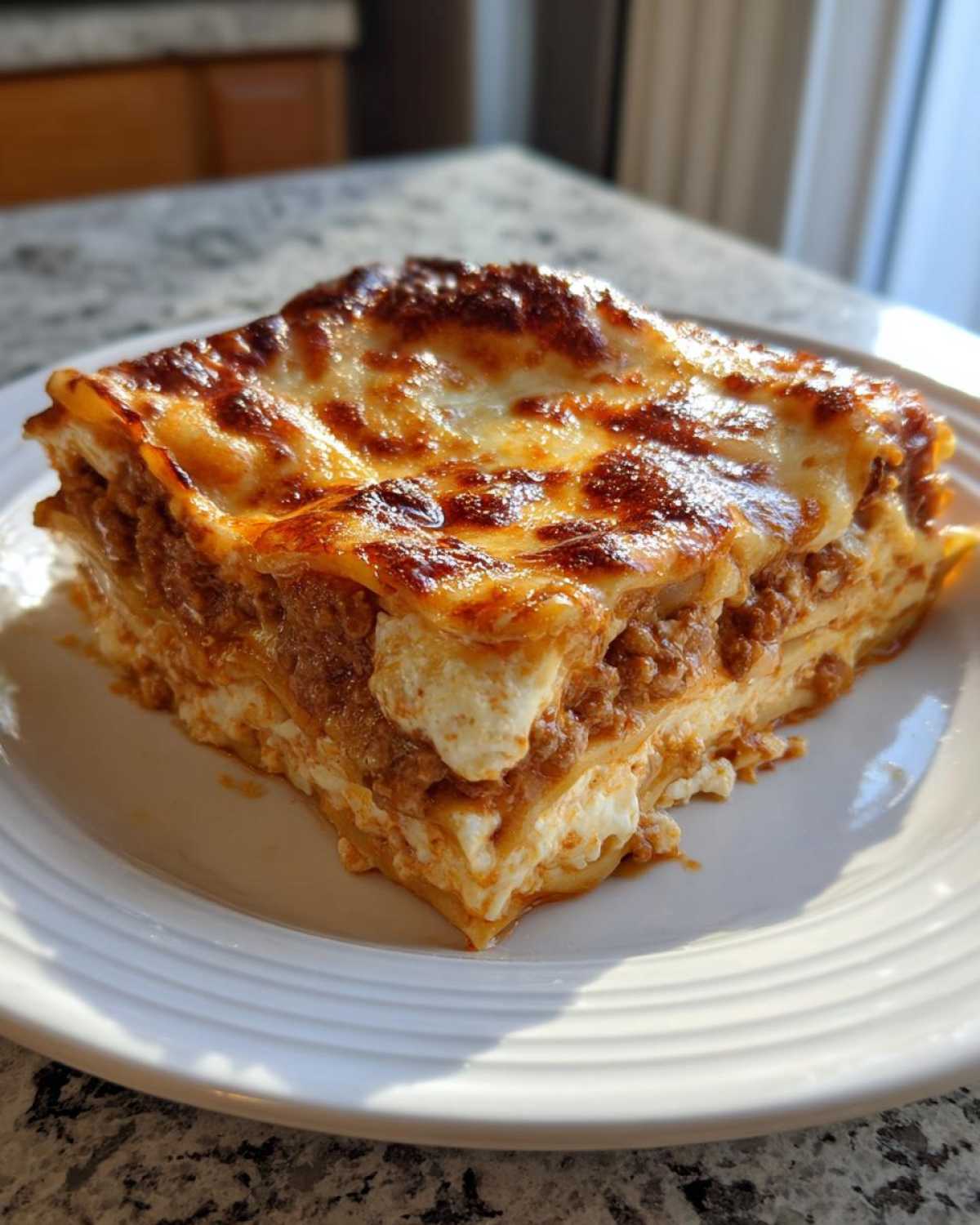A thick, square slice of baked Lasagna with Cottage Cheese showing layers of pasta, meat sauce, and creamy white cheese.