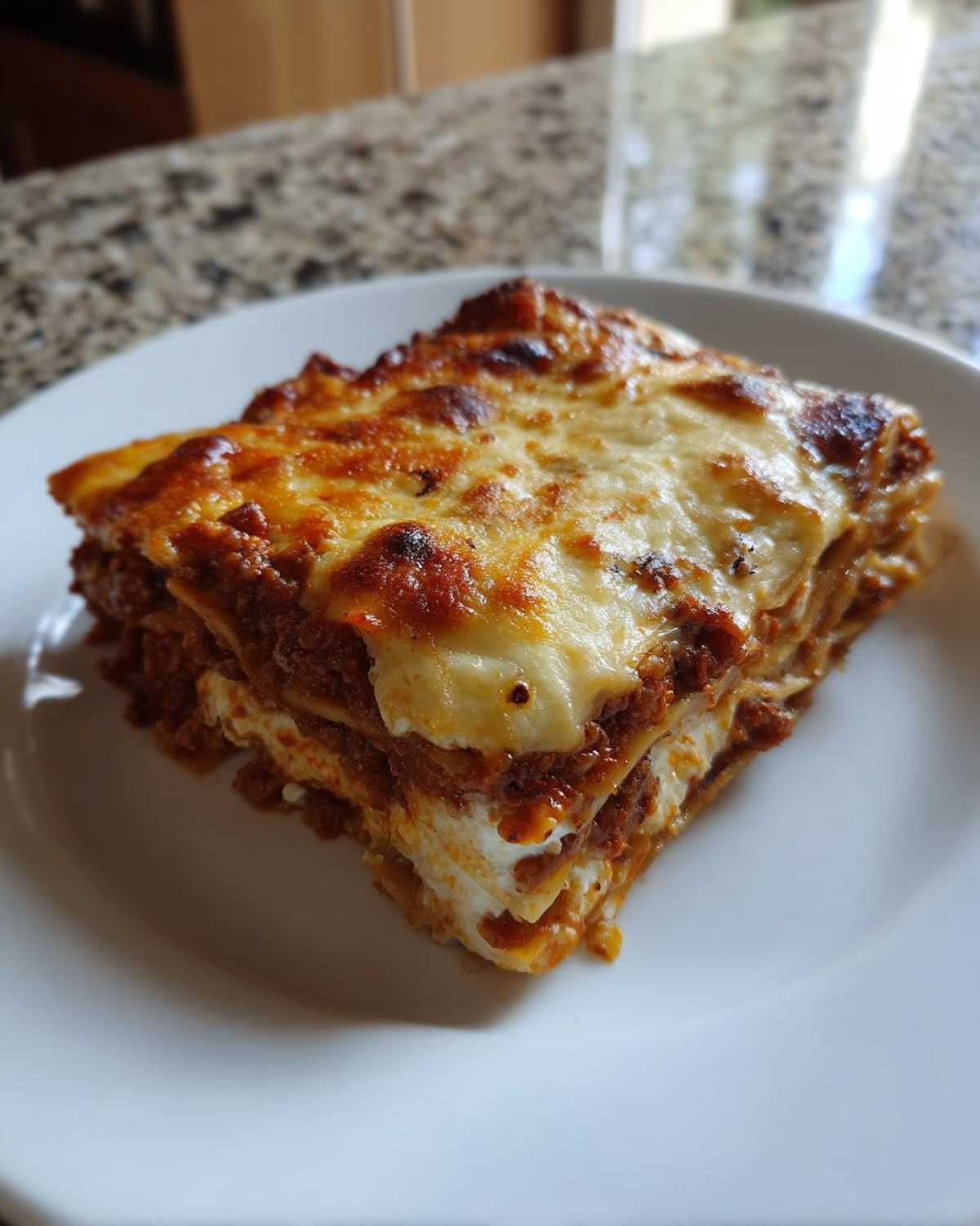 A perfectly baked square slice of Lasagna with Cottage Cheese showing layers of pasta, meat sauce, and melted cheese topping.
