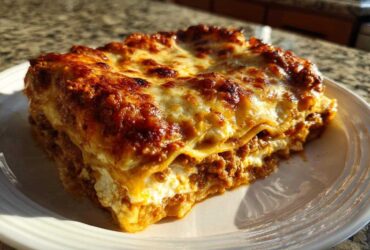 A thick, golden-brown slice of Lasagna with Cottage Cheese showing layers of pasta, meat sauce, and white cheese filling.