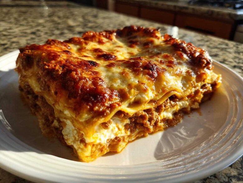 A thick, golden-brown slice of Lasagna with Cottage Cheese showing layers of pasta, meat sauce, and white cheese filling.