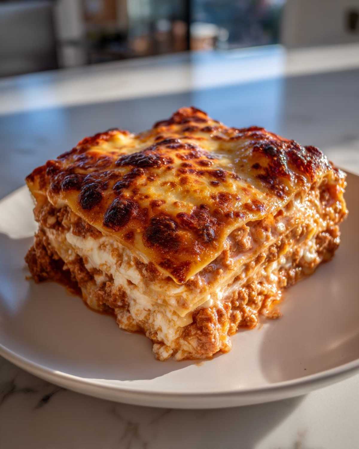 A perfectly baked, layered slice of lasagna with cottage cheese filling and a browned, cheesy top.