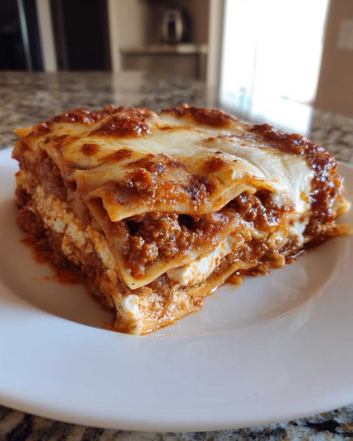 A thick, layered slice of Lasagna with Cottage Cheese, topped with melted cheese and rich meat sauce.