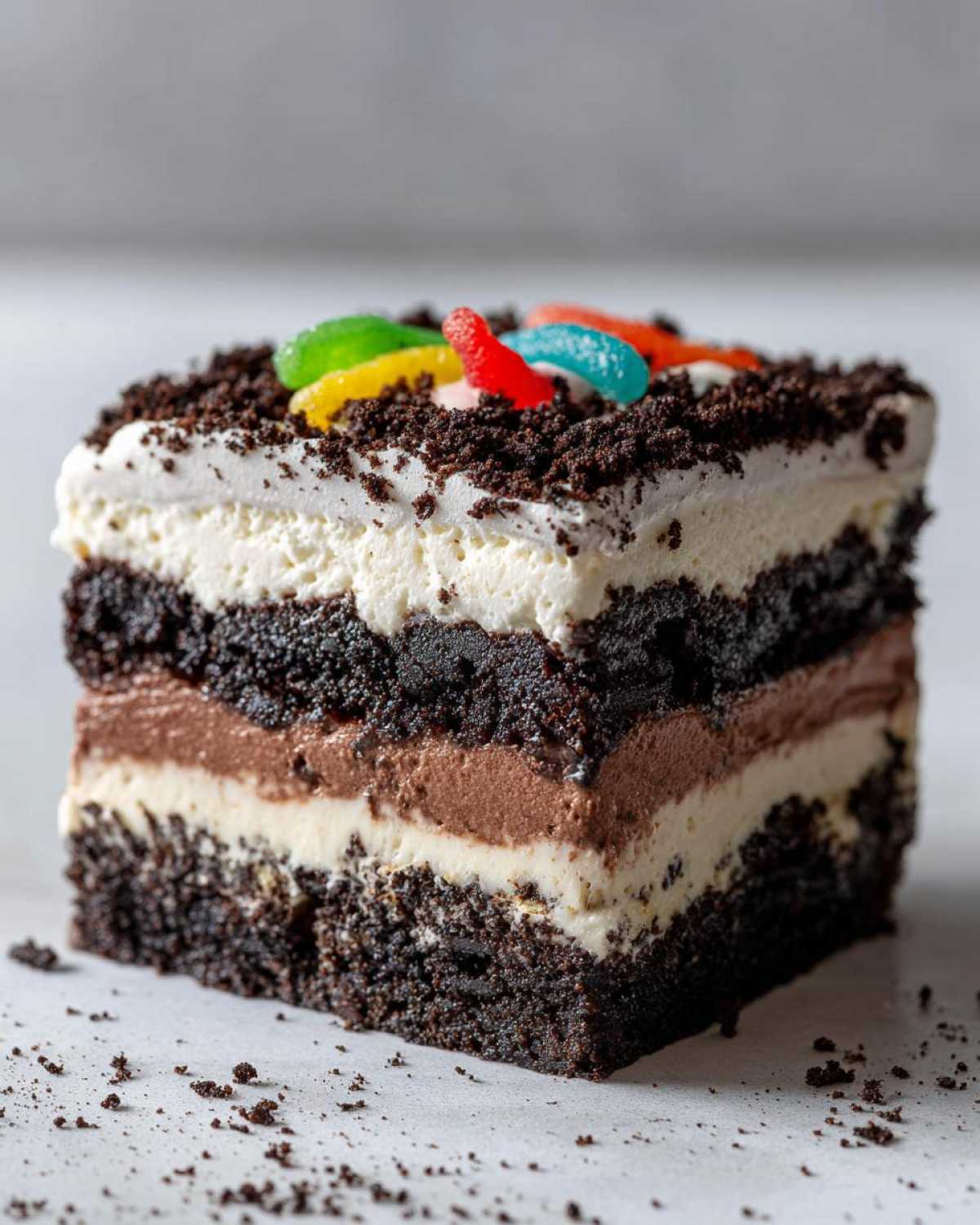 Cross-section of a layered dirt cake showing chocolate crumb base, cream, chocolate mousse, and topped with crushed cookies and gummy worms.