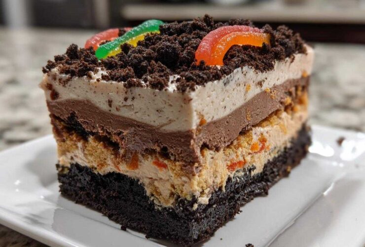 Cross-section slice of a layered dirt cake featuring a brownie base, pudding layers, and crushed cookie topping with gummy worms.