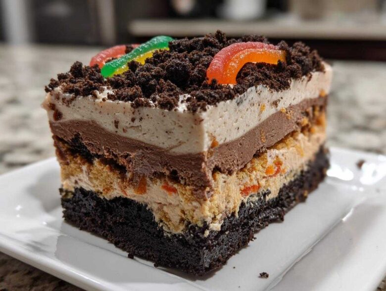 Cross-section slice of a layered dirt cake featuring a brownie base, pudding layers, and crushed cookie topping with gummy worms.