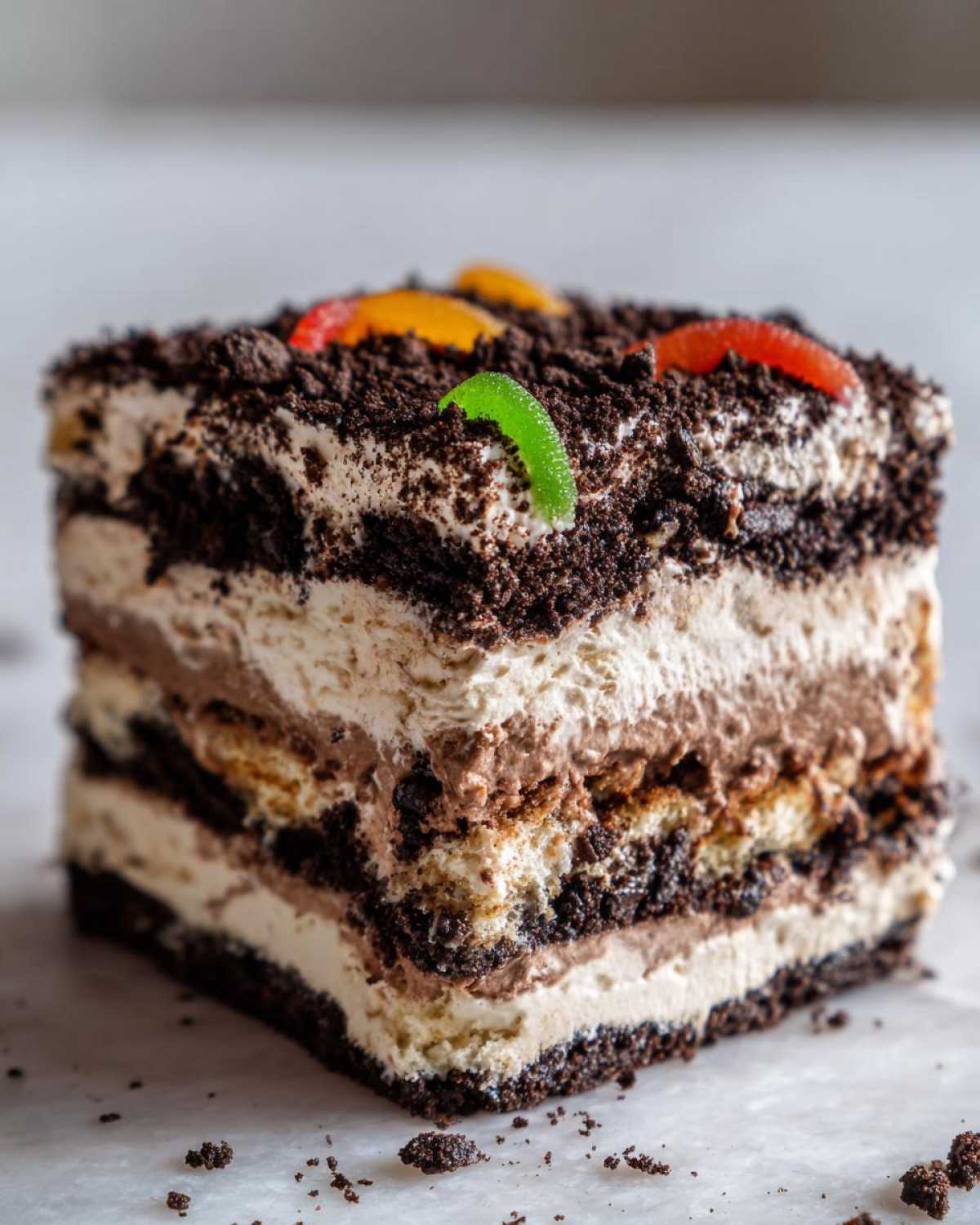Close-up of a rich, layered slice of dirt cake topped with crushed cookies and gummy worms.