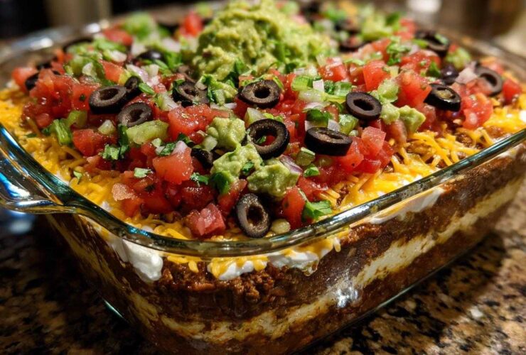 Close-up view of a fully loaded Seven layer dip in a clear glass baking dish, topped with guacamole, tomatoes, olives, and cheese.