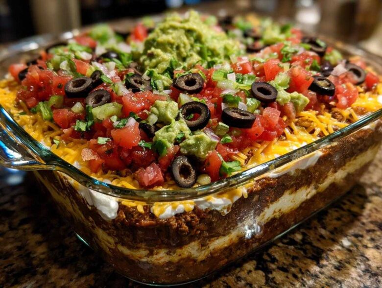 Close-up view of a fully loaded Seven layer dip in a clear glass baking dish, topped with guacamole, tomatoes, olives, and cheese.