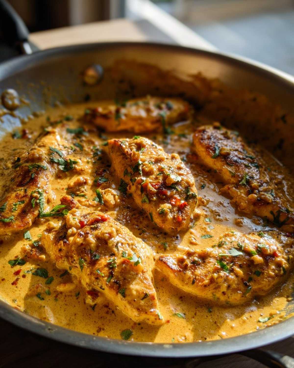 Several seared chicken breasts simmering in a rich, creamy sauce, garnished with herbs, making up the Marry Me Chicken dish.