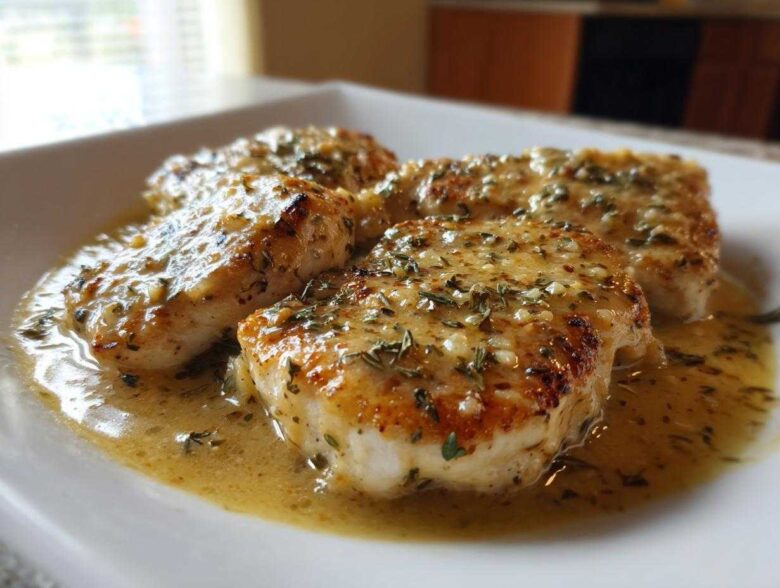 Four golden-brown chicken breasts smothered in a creamy, herb-flecked sauce, representing delicious Marry Me Chicken.