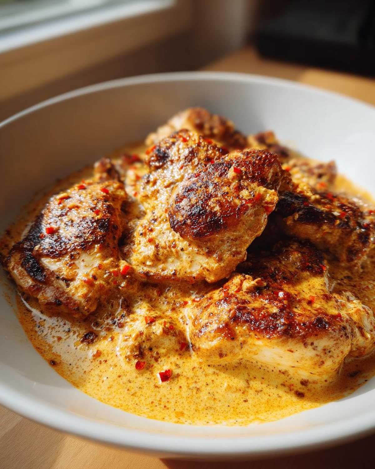 Close-up of seared chicken pieces smothered in a rich, creamy, orange-hued sauce, characteristic of Marry Me Chicken.