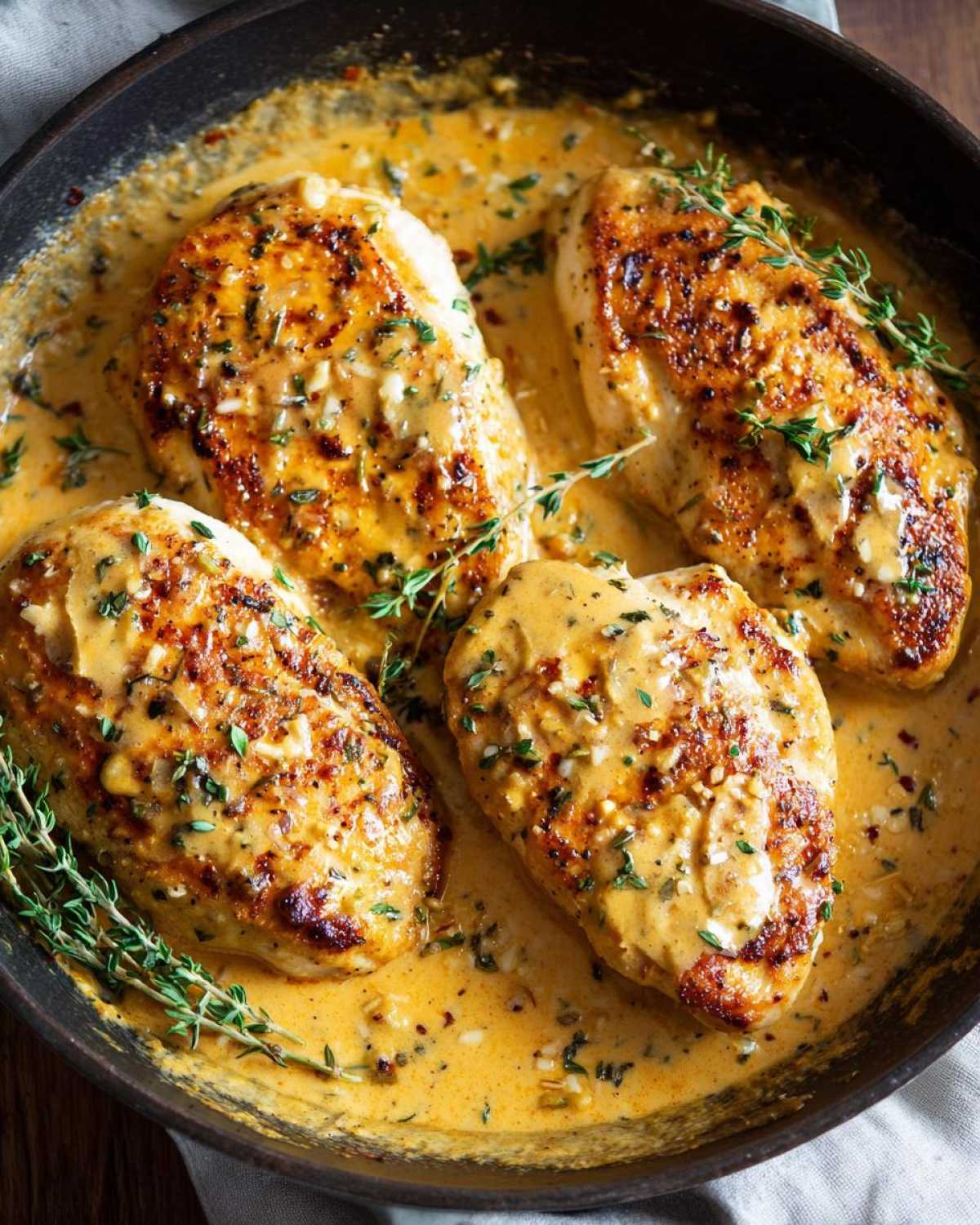 Four perfectly seared chicken breasts simmering in a rich, creamy sauce for Marry Me Chicken, garnished with fresh thyme.
