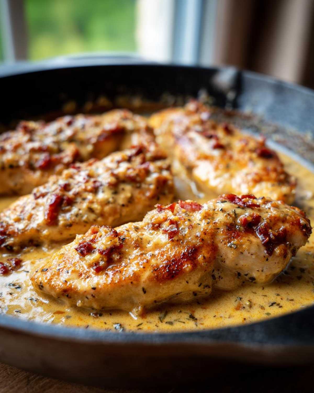 Four pieces of golden-brown Marry Me Chicken simmering in a rich, creamy sun-dried tomato sauce in a cast iron skillet.