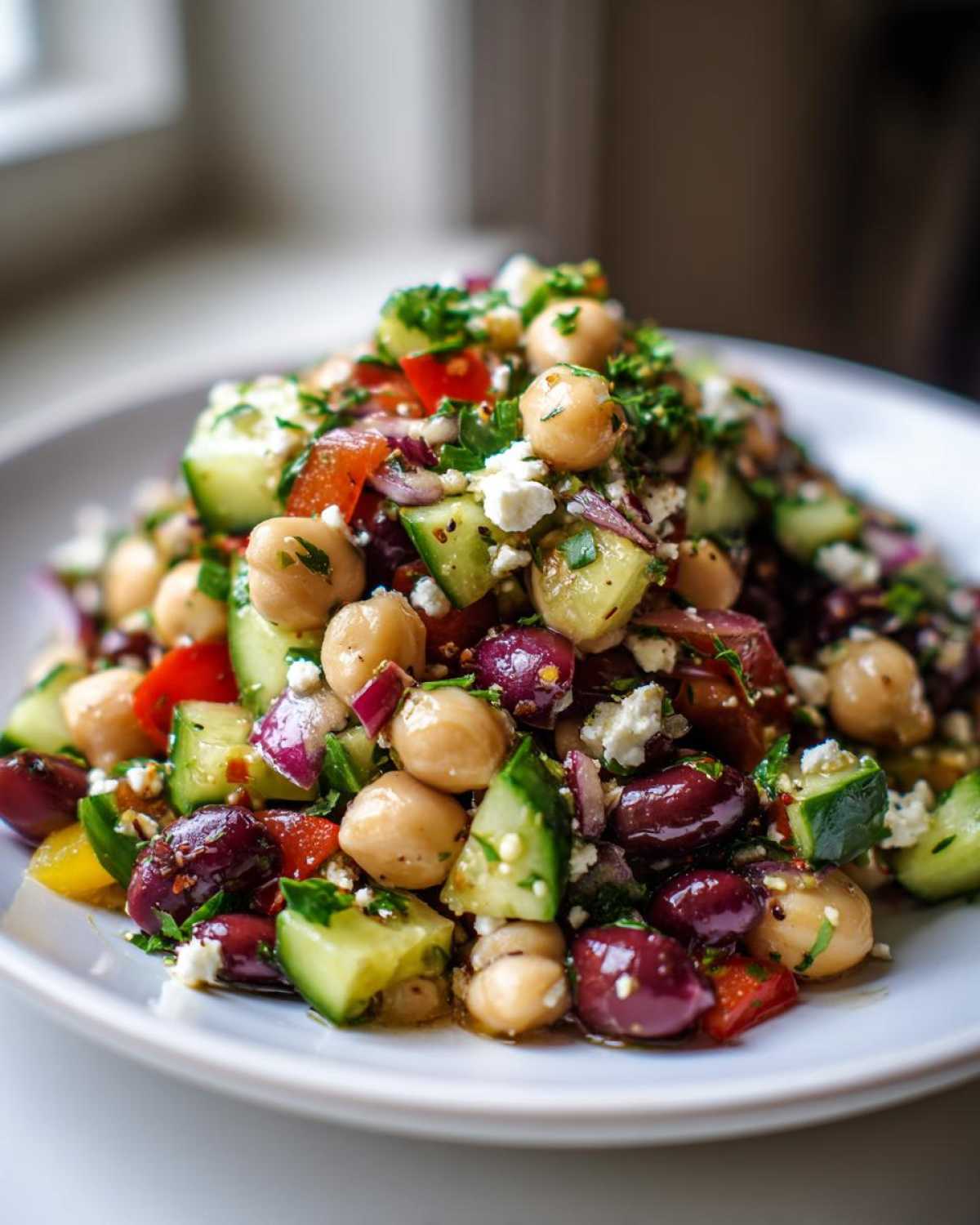 A close-up of a vibrant Mediterranean bean salad featuring chickpeas, Kalamata olives, cucumber, and feta cheese.