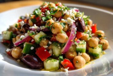 Close-up of a vibrant Mediterranean bean salad featuring chickpeas, cucumber, red onion, olives, and feta cheese.