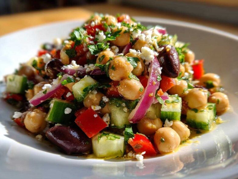 Close-up of a vibrant Mediterranean bean salad featuring chickpeas, cucumber, red onion, olives, and feta cheese.