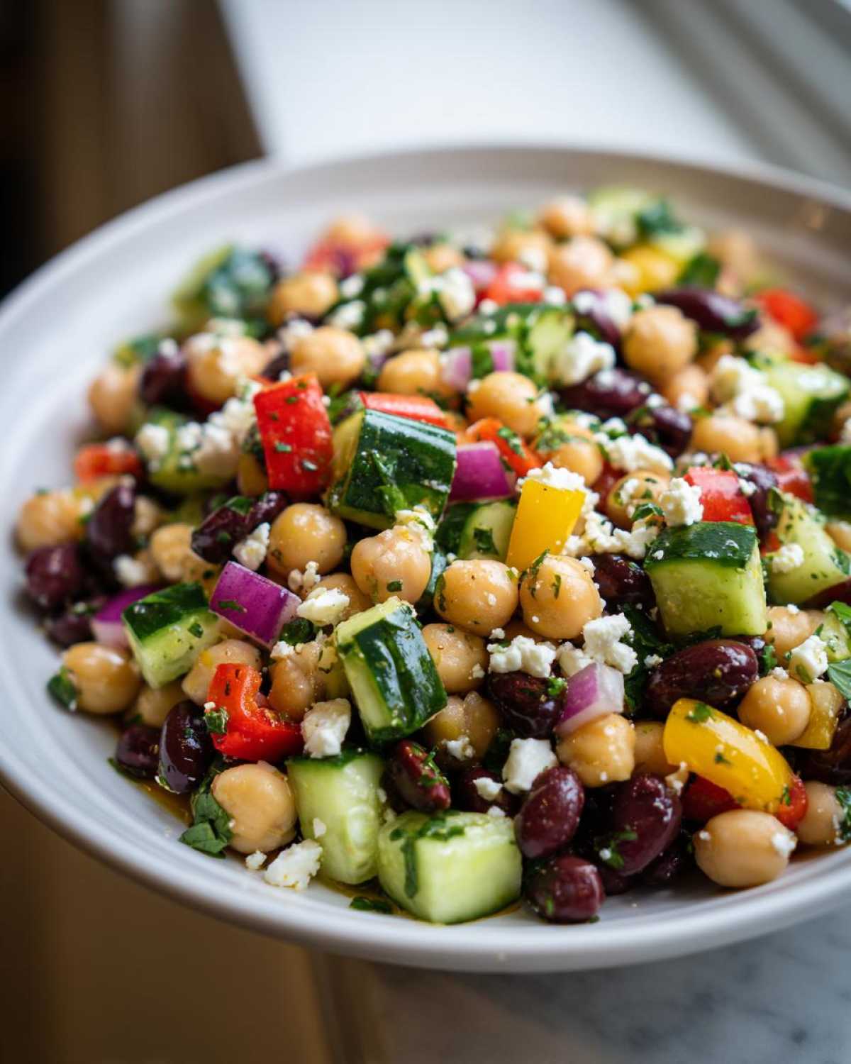 Close-up of a vibrant Mediterranean bean salad featuring chickpeas, kidney beans, cucumber, peppers, and feta cheese.