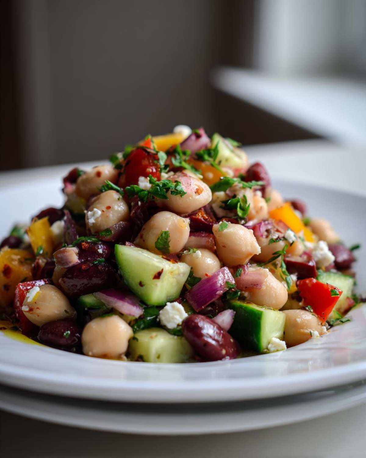 Close-up of a vibrant Mediterranean bean salad featuring chickpeas, kidney beans, cucumber, red onion, and feta cheese.