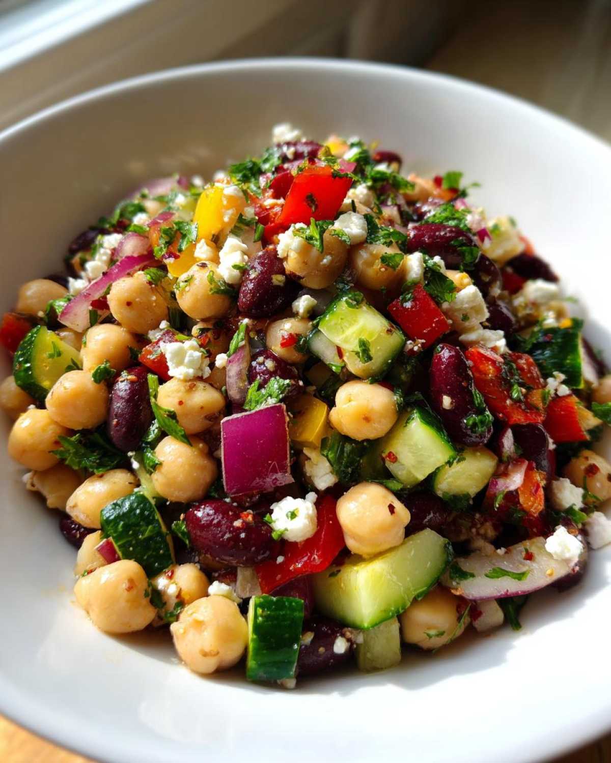 Close-up of a colorful Mediterranean bean salad featuring chickpeas, kidney beans, cucumber, red onion, and feta cheese.