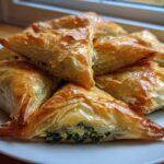 A stack of golden brown, flaky Mediterranean Spinach and Feta Cheese Crisps triangles on a white plate.