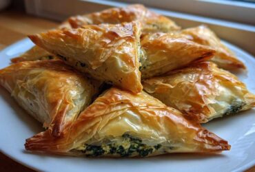 A stack of golden brown, flaky Mediterranean Spinach and Feta Cheese Crisps triangles on a white plate.